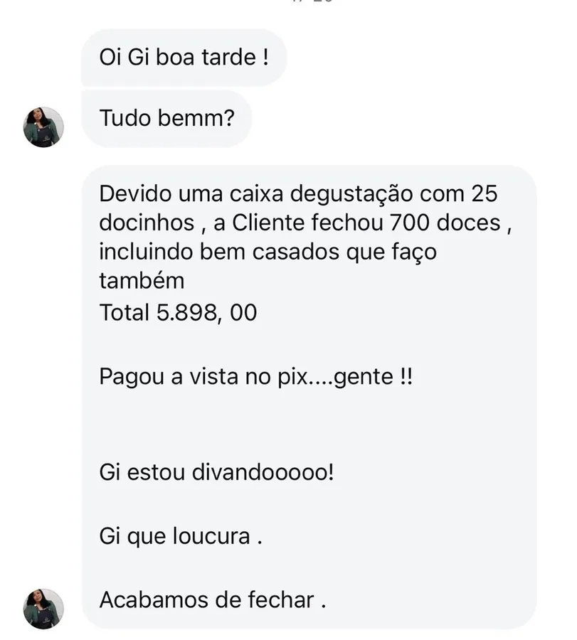 Print de mensagem de aluna da Prof Gi